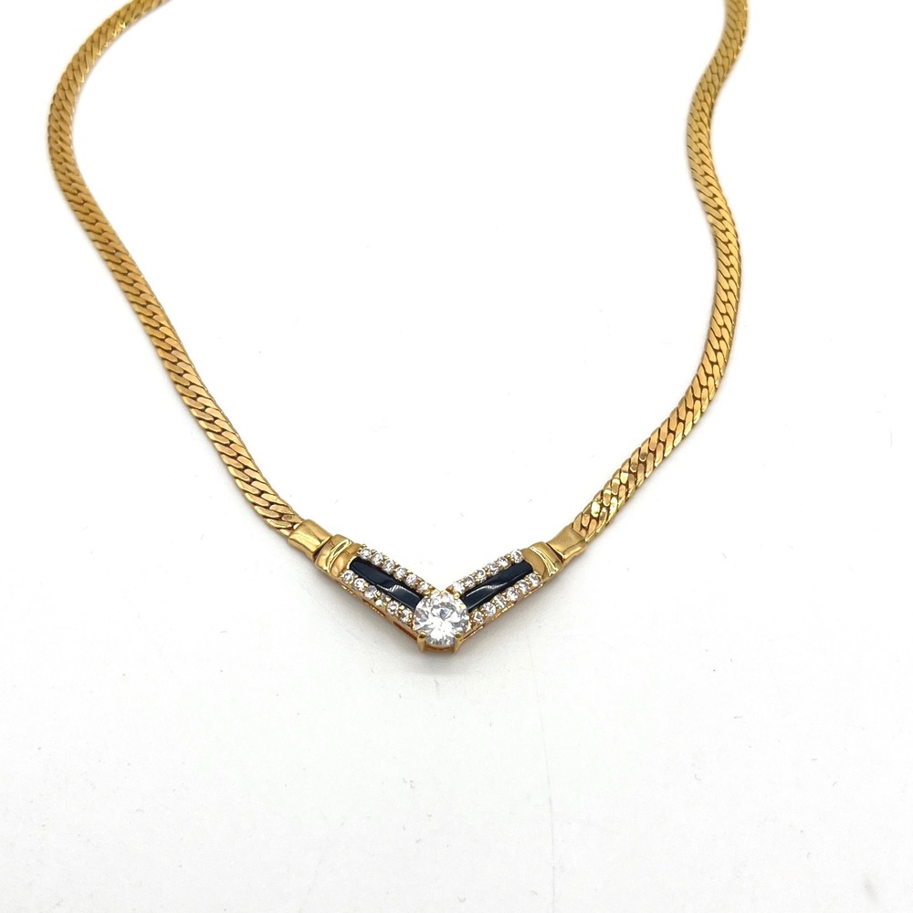 Lind 14k Gold Electroplated Herringbone Chevron Necklace Black Enamel Crystal
